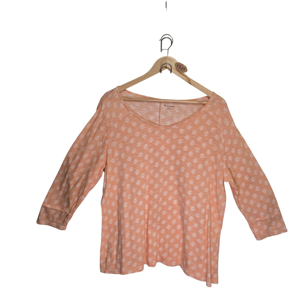 New Directions Womens Peach Orange Polka Dot V-Neck 3/4 Sleeve Top Large